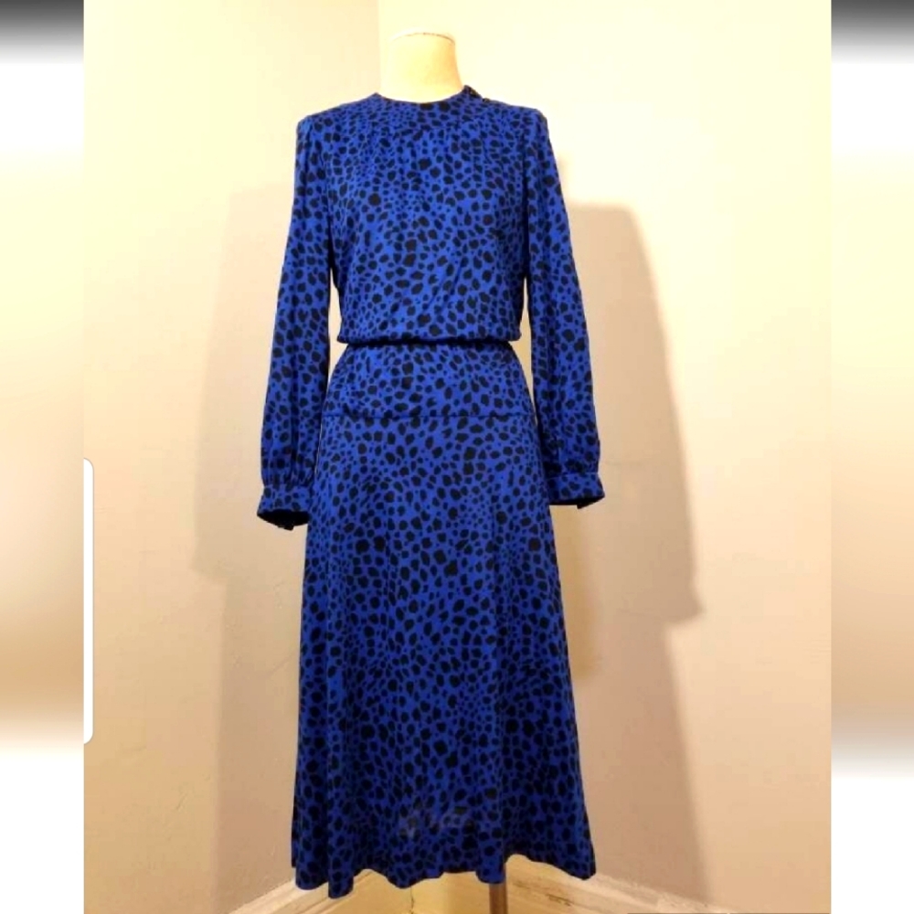 NAT KAPLAN COUTURE VINTAGE DRESS COBALT ROYAL BLUE 80S RETRO CHEETAH PRINT NYC